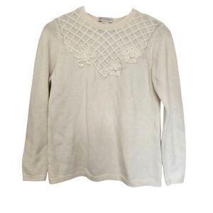 ​Northern Reflections Vintage Cottagecore White Floral Lattice Knit Sweater S/P